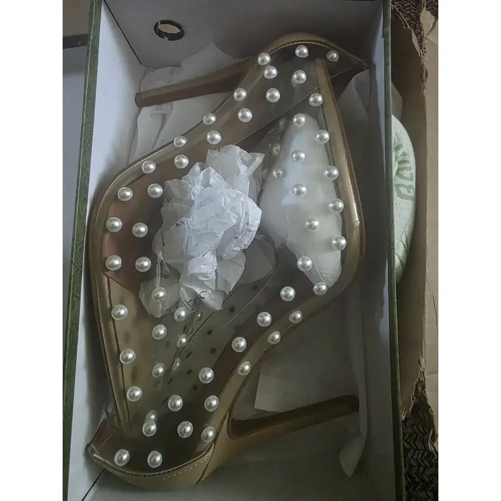Women's Pumps, 11cm Pointed Toe Women High Heel Pearl Studded Clear Heels Shoes